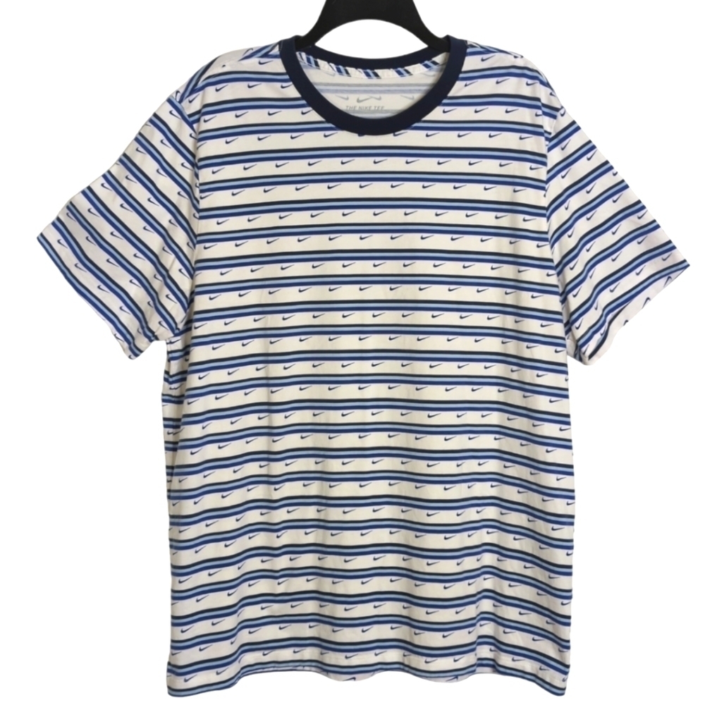 Nike The Nike Tee Men's Blue White Stripe Swoosh Print Short Sleeve T-Shirt 2XL